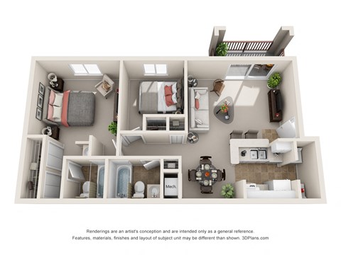 Floor plan for 2 beds, 2 baths, 897 sqft